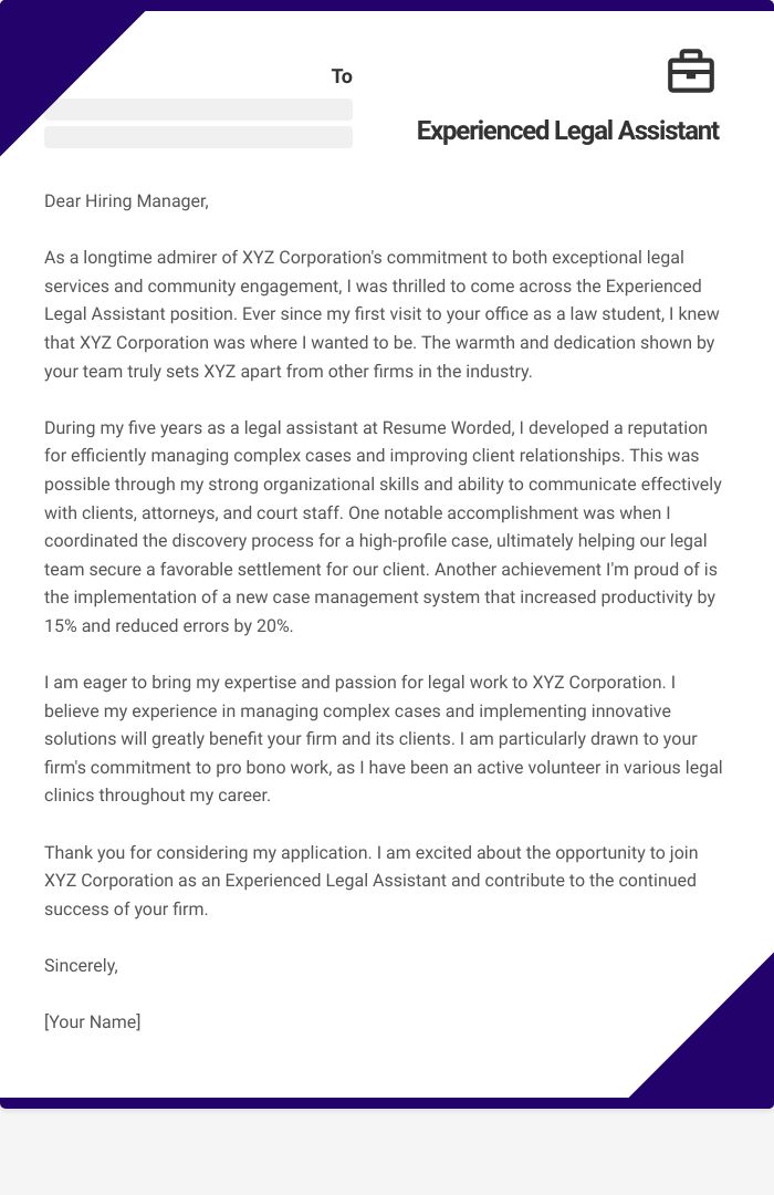 Experienced Legal Assistant Cover Letter