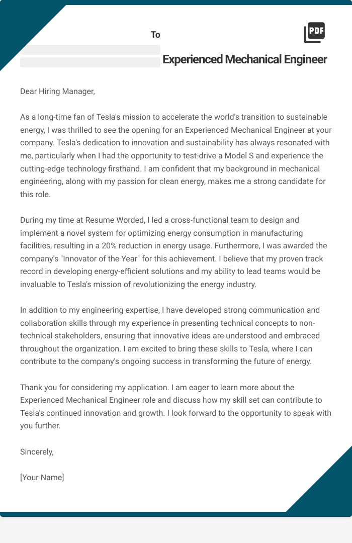 Experienced Mechanical Engineer Cover Letter