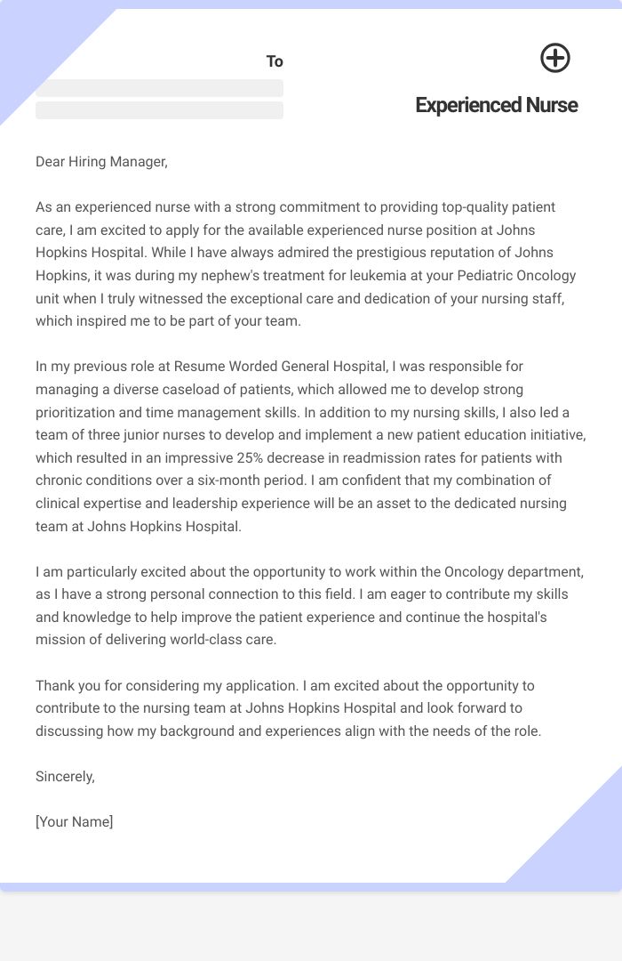 Experienced Nurse Cover Letter