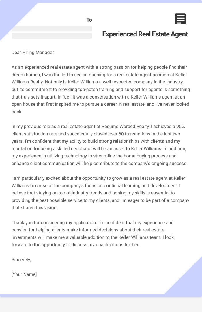 Experienced Real Estate Agent Cover Letter