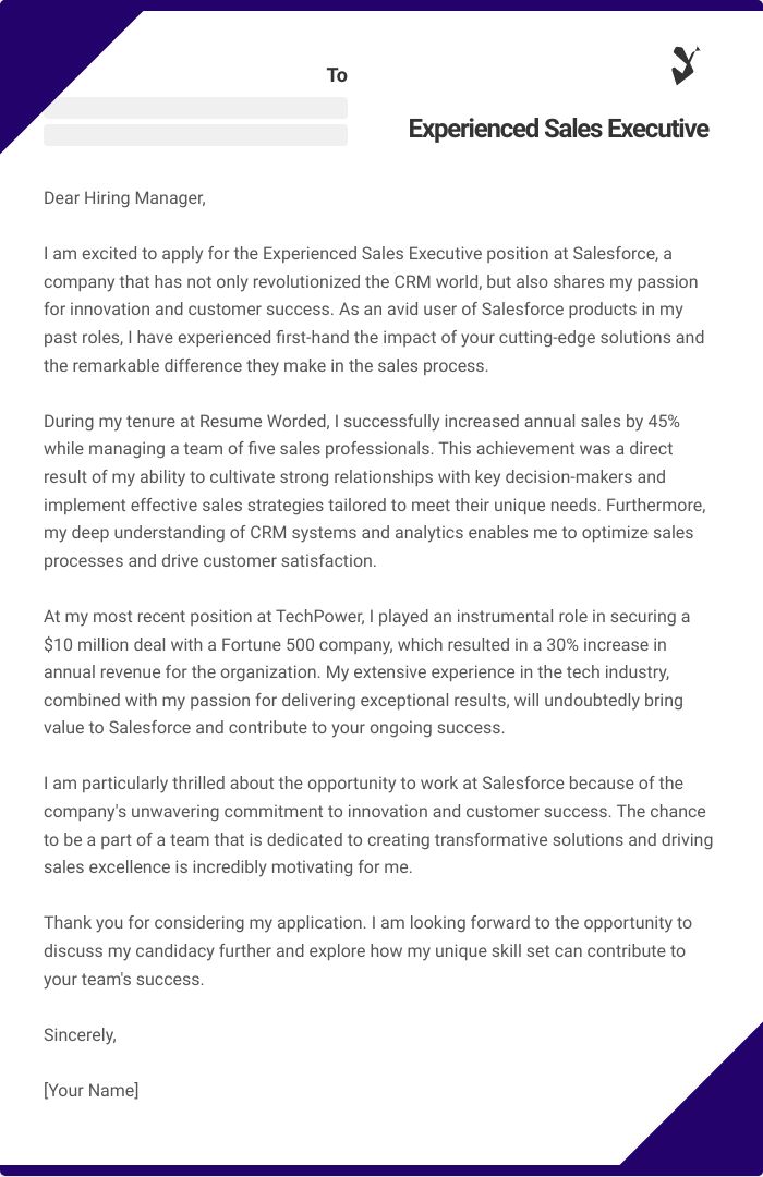 Experienced Sales Executive Cover Letter
