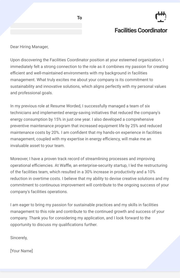 Facilities Coordinator Cover Letter