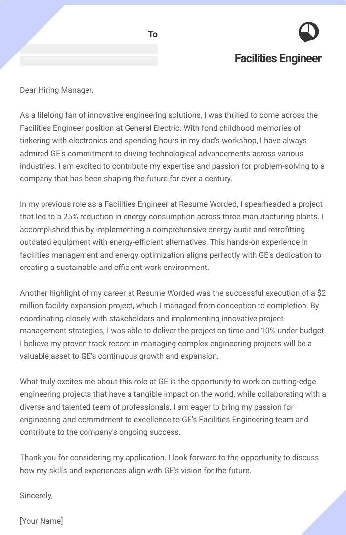 Facilities Engineer Cover Letter