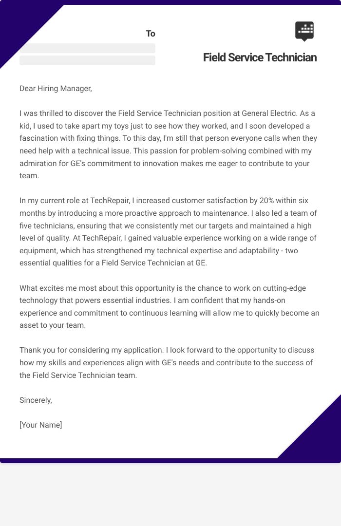 Field Service Technician Cover Letter