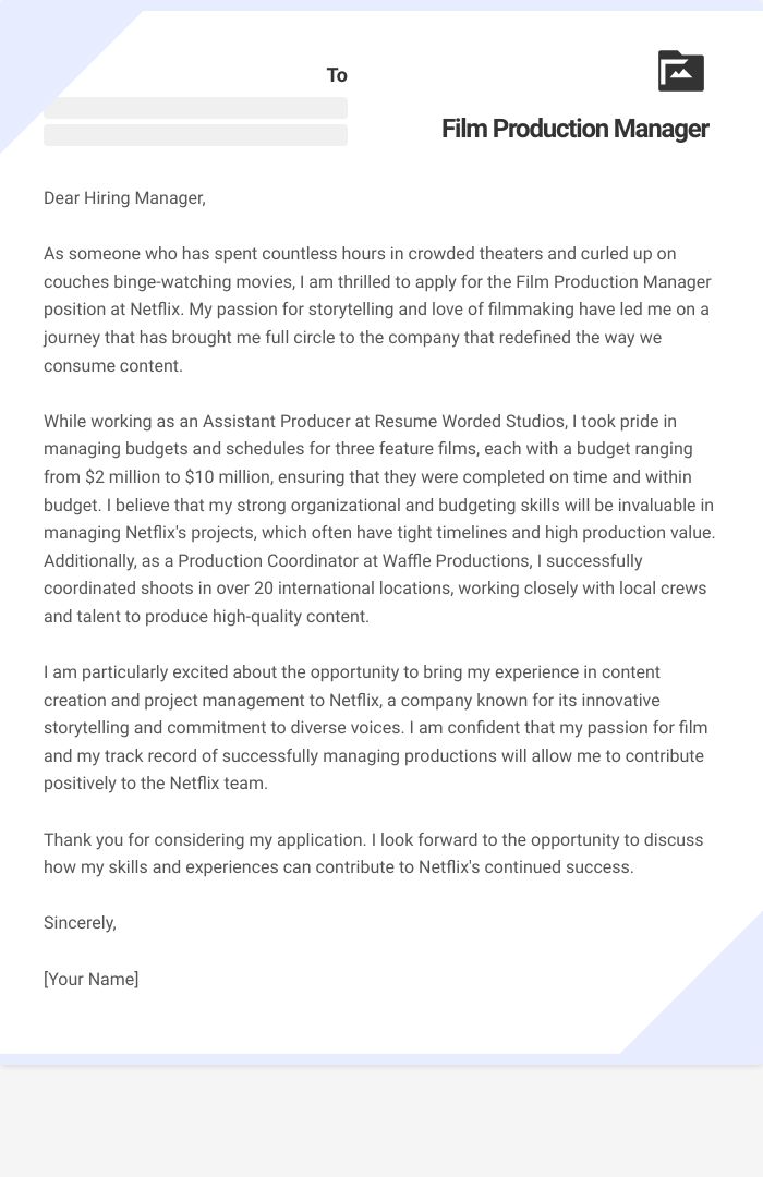 Film Production Manager Cover Letter