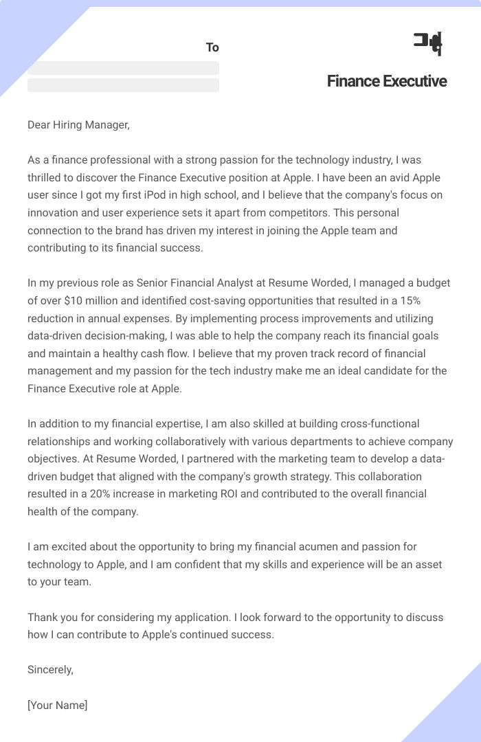 Finance Executive Cover Letter