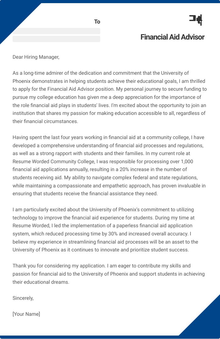 Financial Aid Advisor Cover Letter