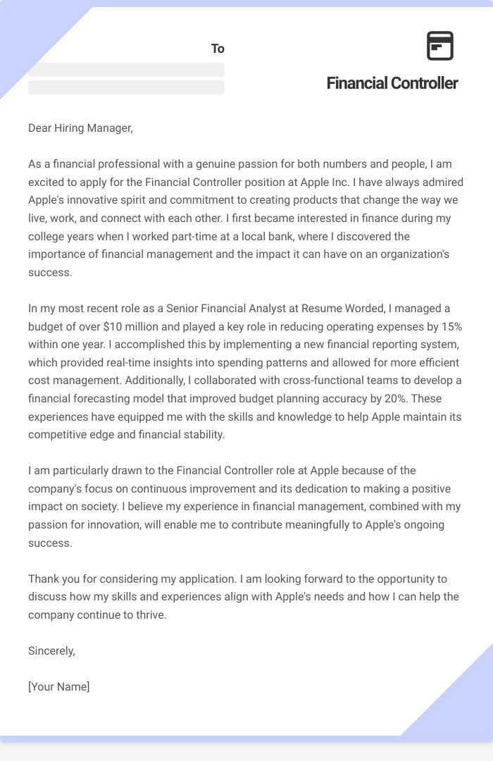 Financial Controller Cover Letter
