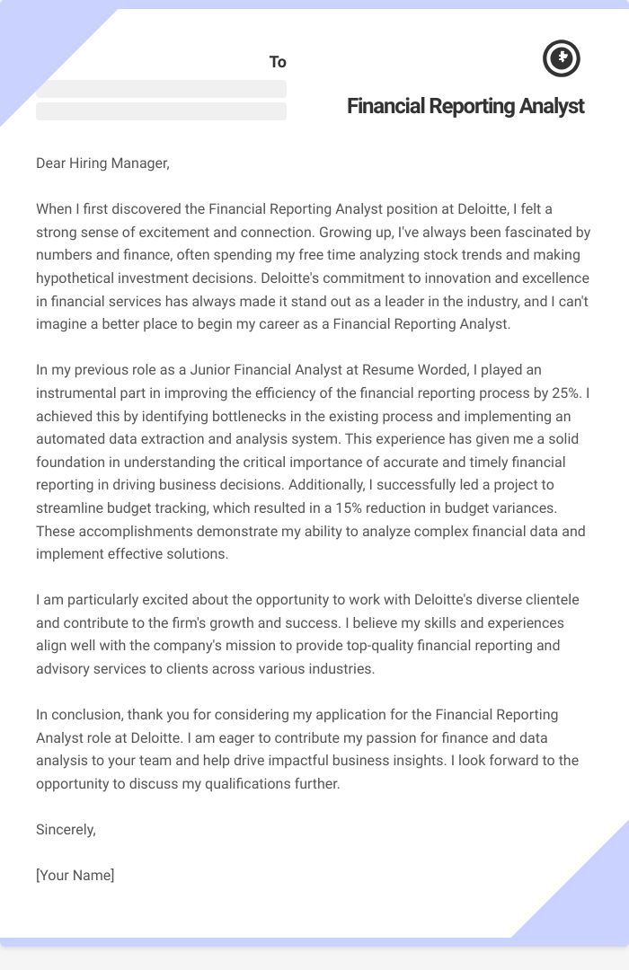 Financial Reporting Analyst Cover Letter