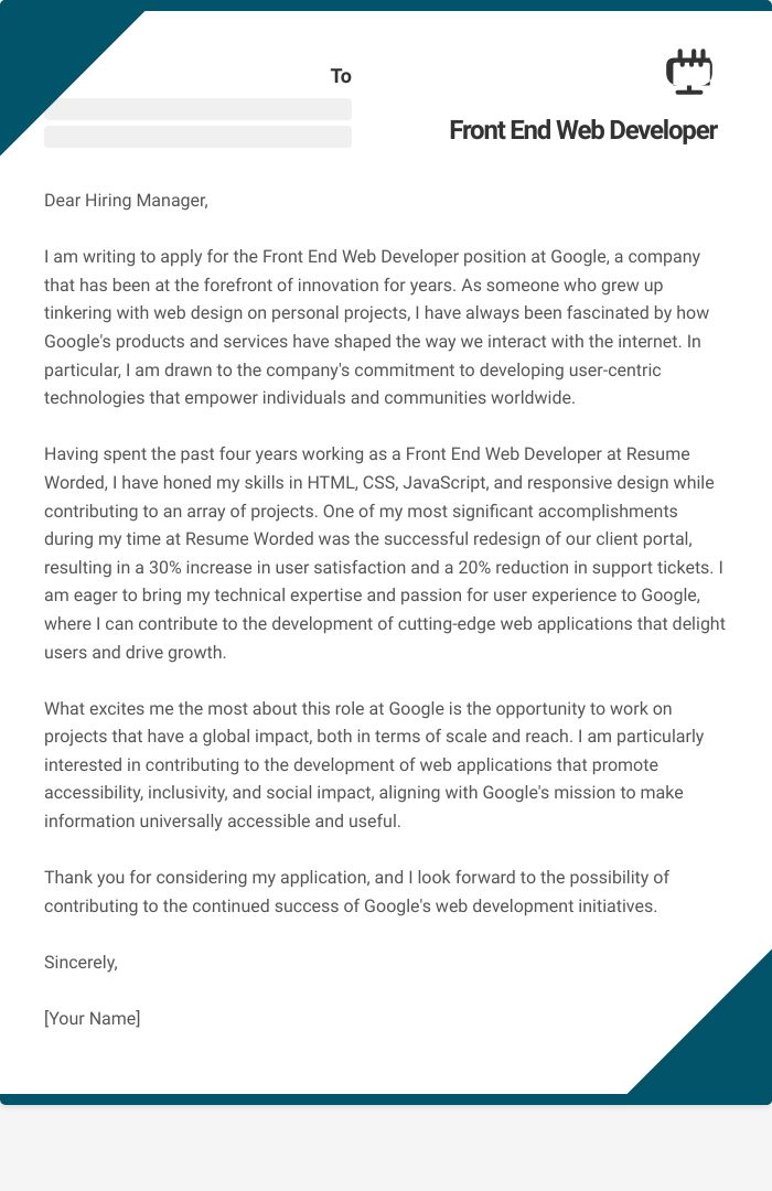 Front End Web Developer Cover Letter