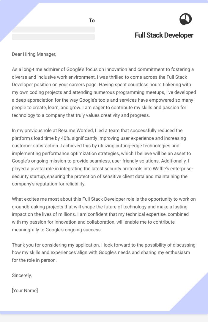 Full Stack Developer Cover Letter