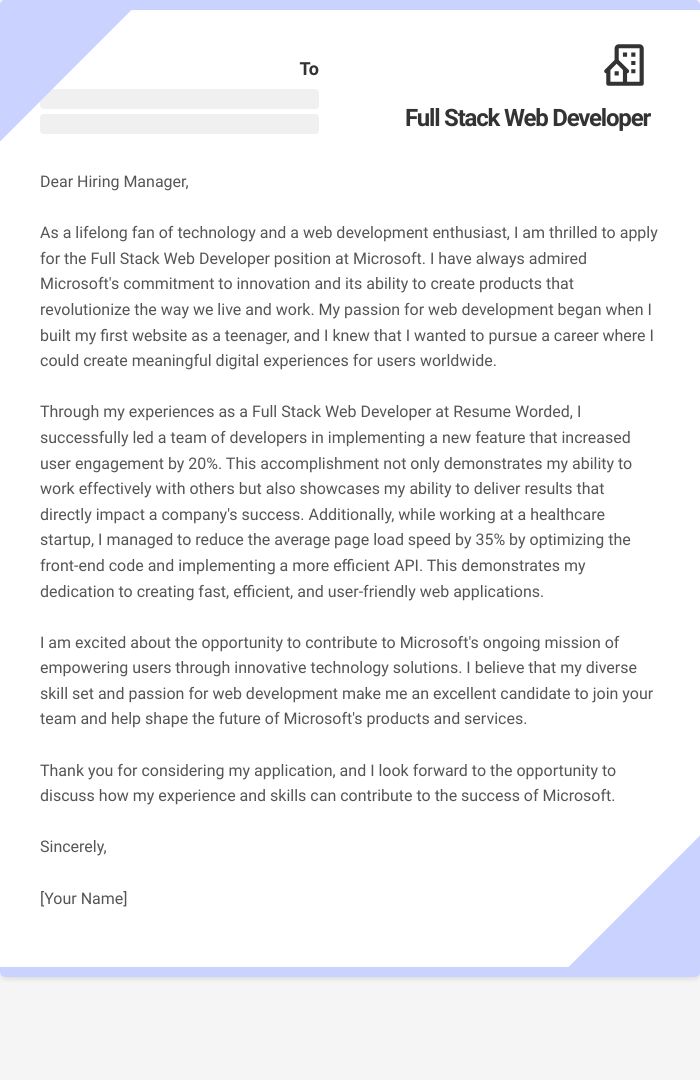 Full Stack Web Developer Cover Letter