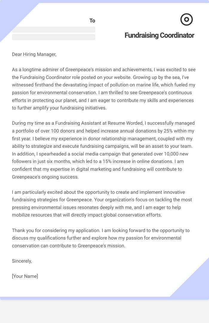 Fundraising Coordinator Cover Letter