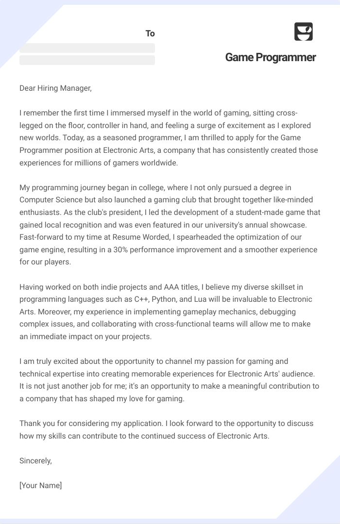 Game Programmer Cover Letter