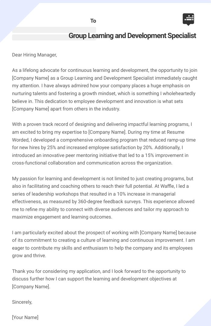 Group Learning and Development Specialist Cover Letter