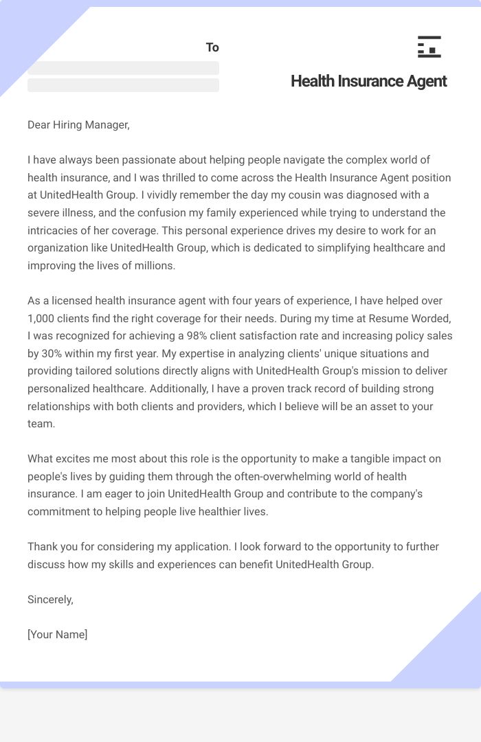 Health Insurance Agent Cover Letter