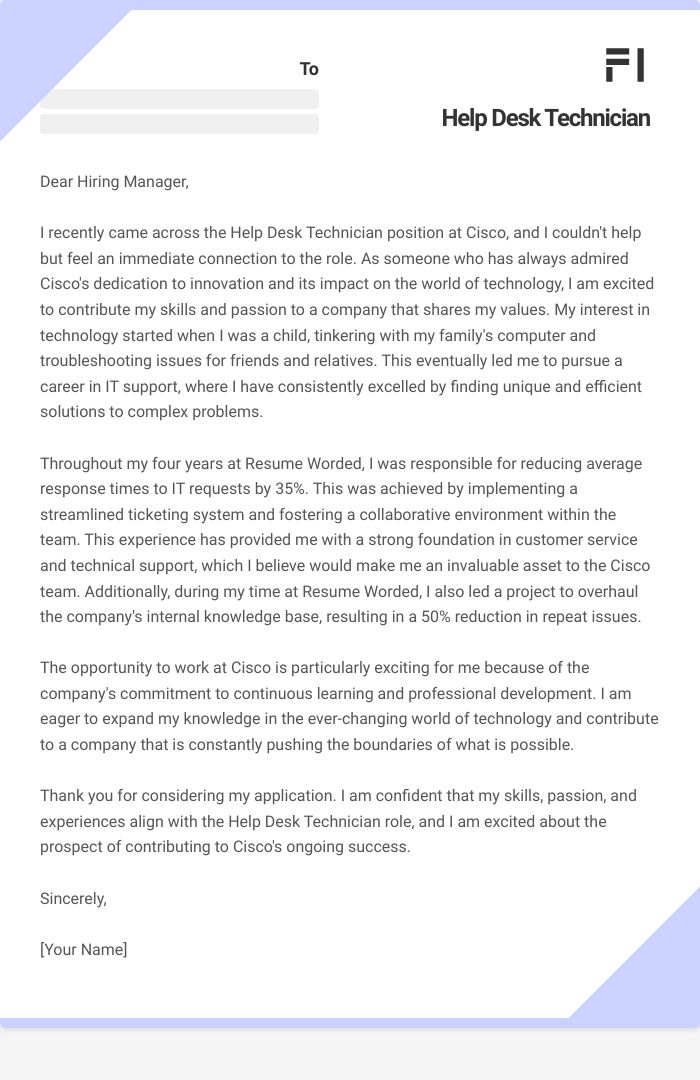 Help Desk Technician Cover Letter