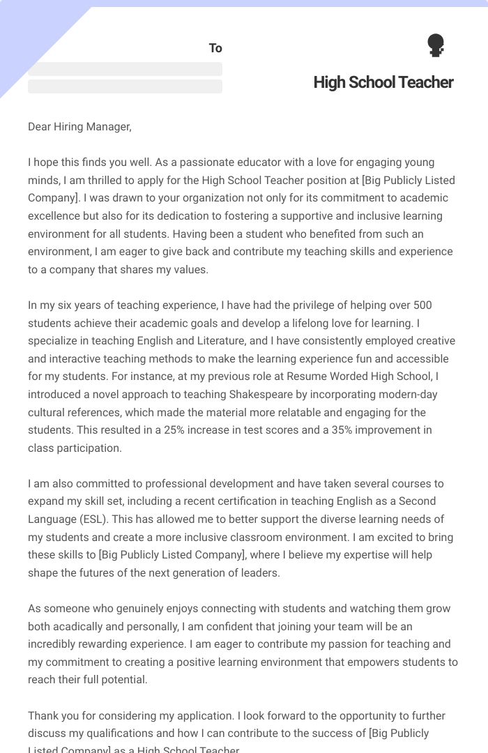 High School Teacher Cover Letter