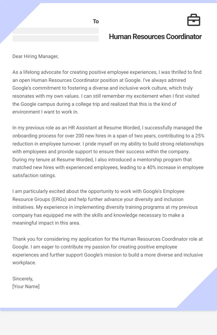 Human Resources Coordinator Cover Letter