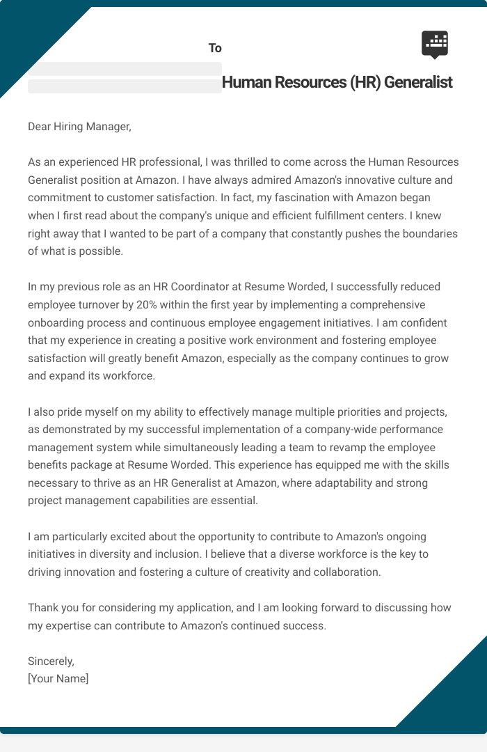 Human Resources (HR) Generalist Cover Letter