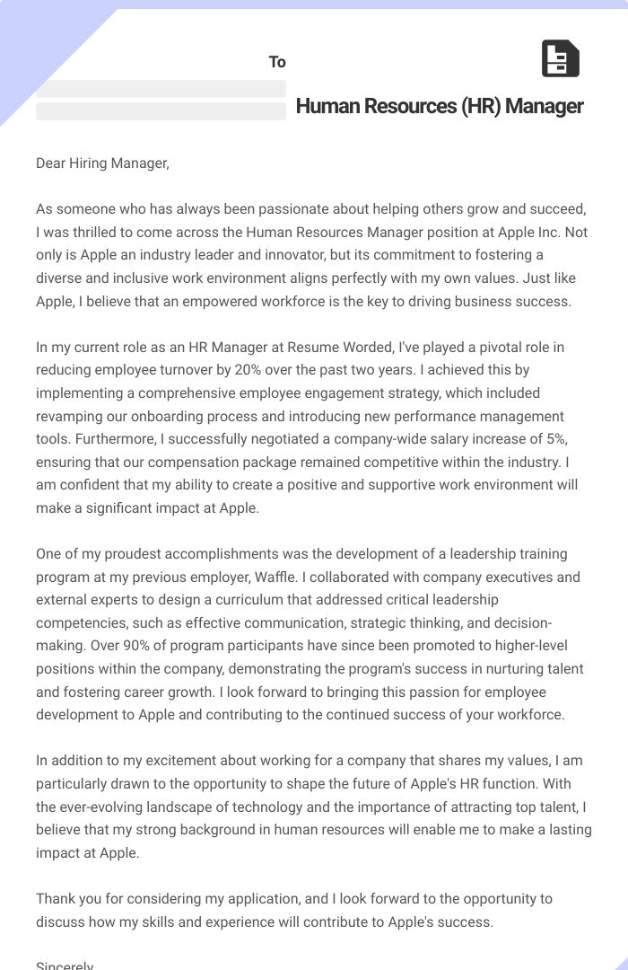 Human Resources (HR) Manager Cover Letter