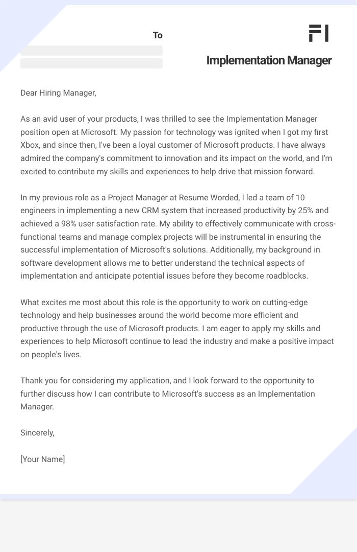 Implementation Manager Cover Letter