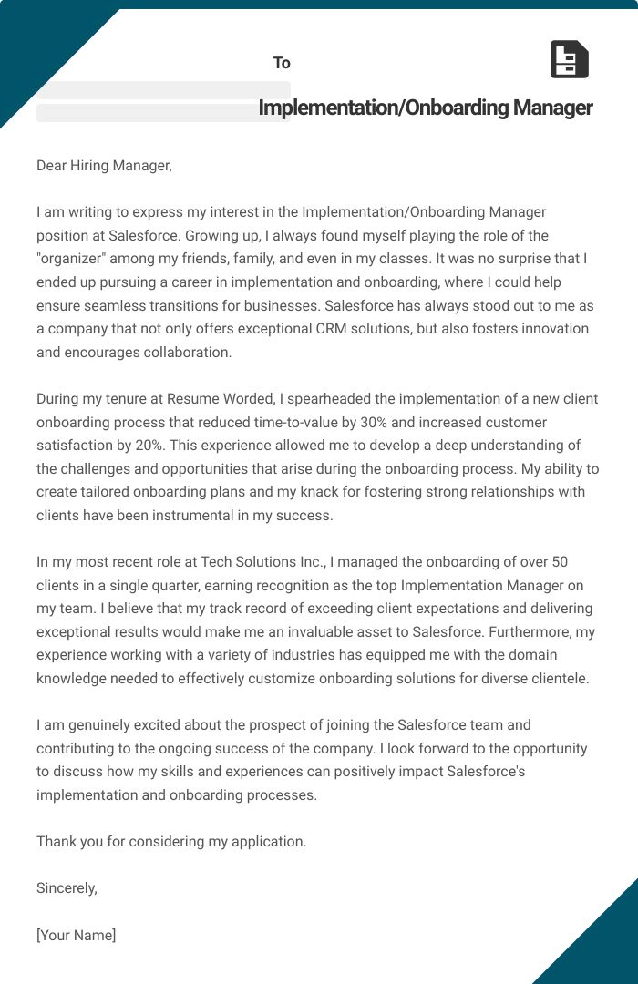 Implementation/Onboarding Manager Cover Letter