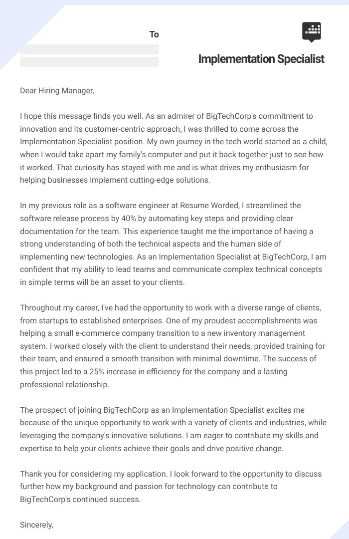 Implementation Specialist Cover Letter