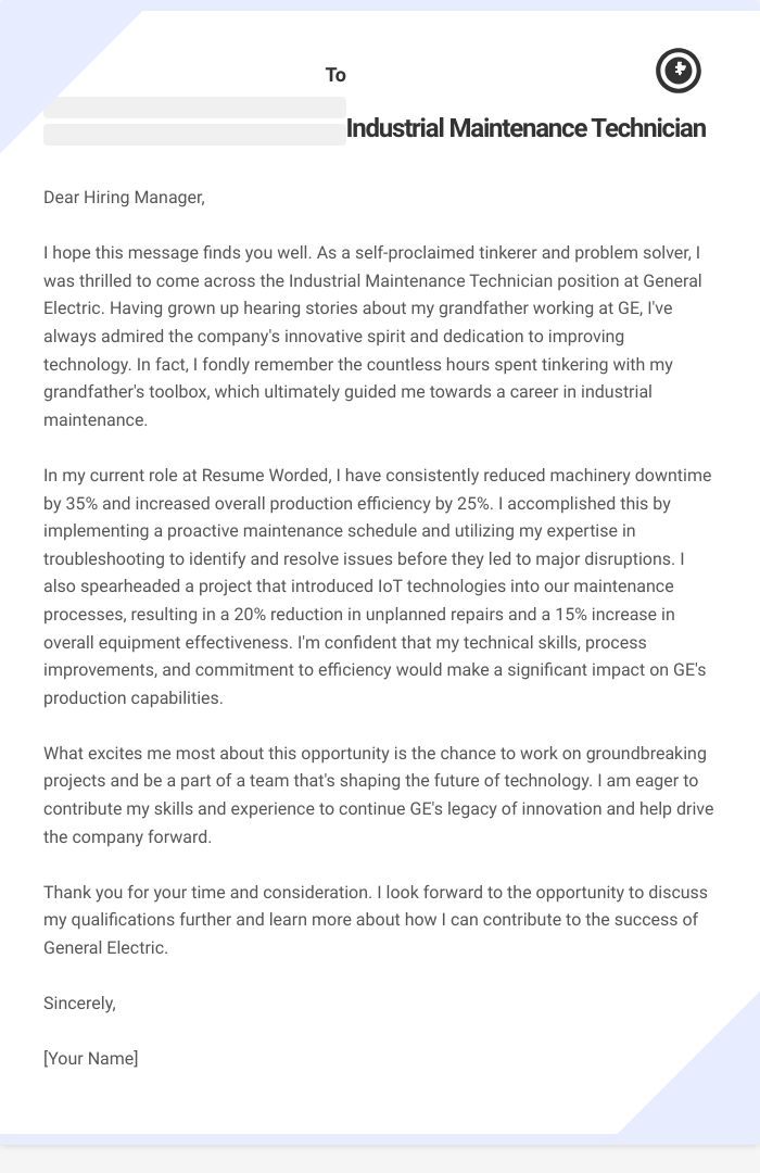 Industrial Maintenance Technician Cover Letter