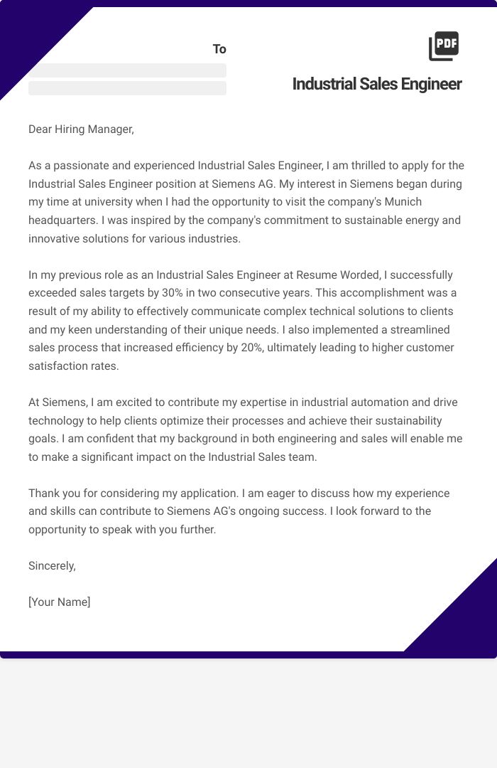 Industrial Sales Engineer Cover Letter