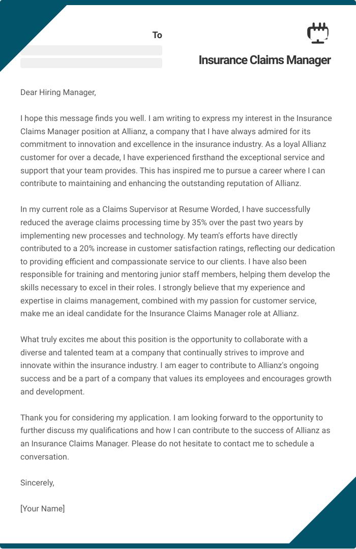 Insurance Claims Manager Cover Letter