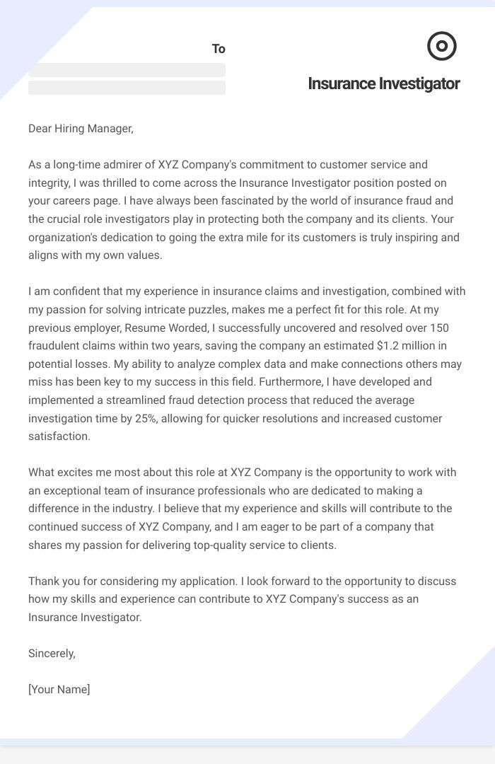 Insurance Investigator Cover Letter