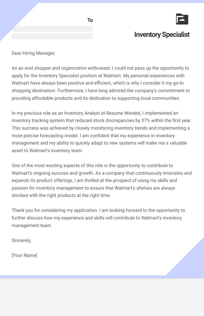 Inventory Specialist Cover Letter