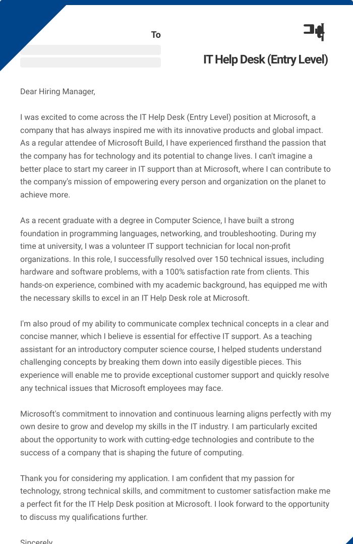 IT Help Desk (Entry Level) Cover Letter