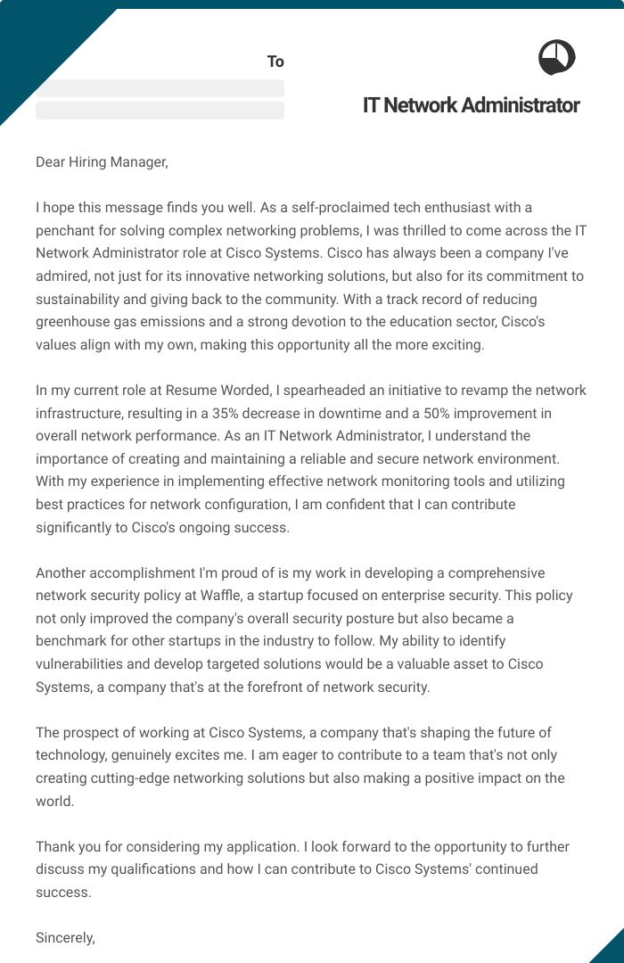 IT Network Administrator Cover Letter