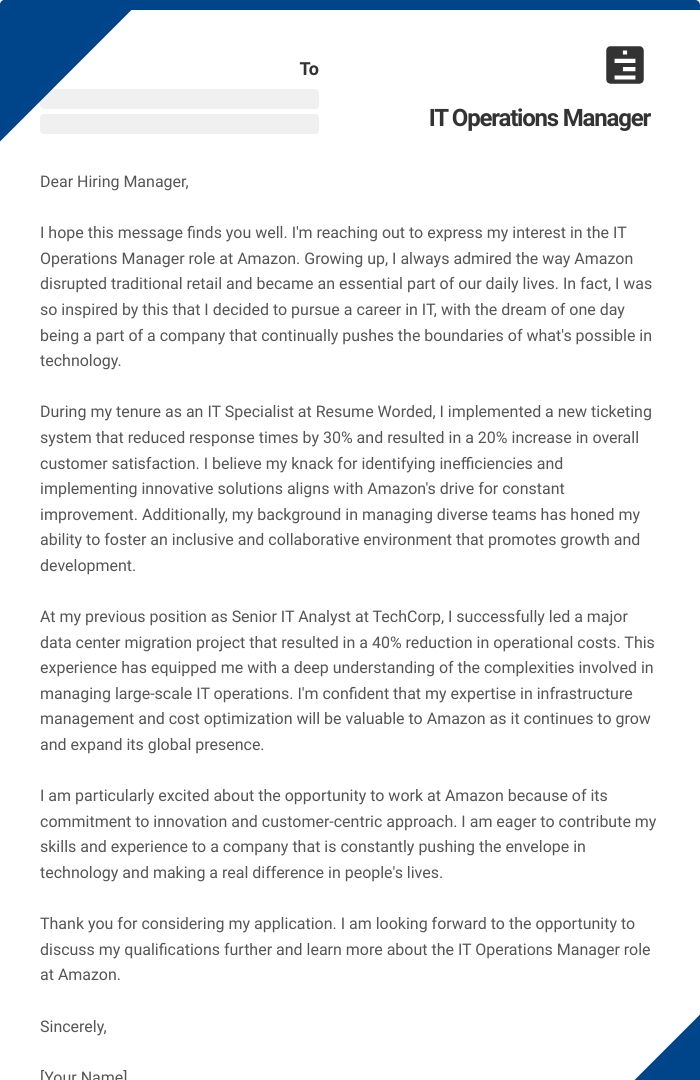 IT Operations Manager Cover Letter
