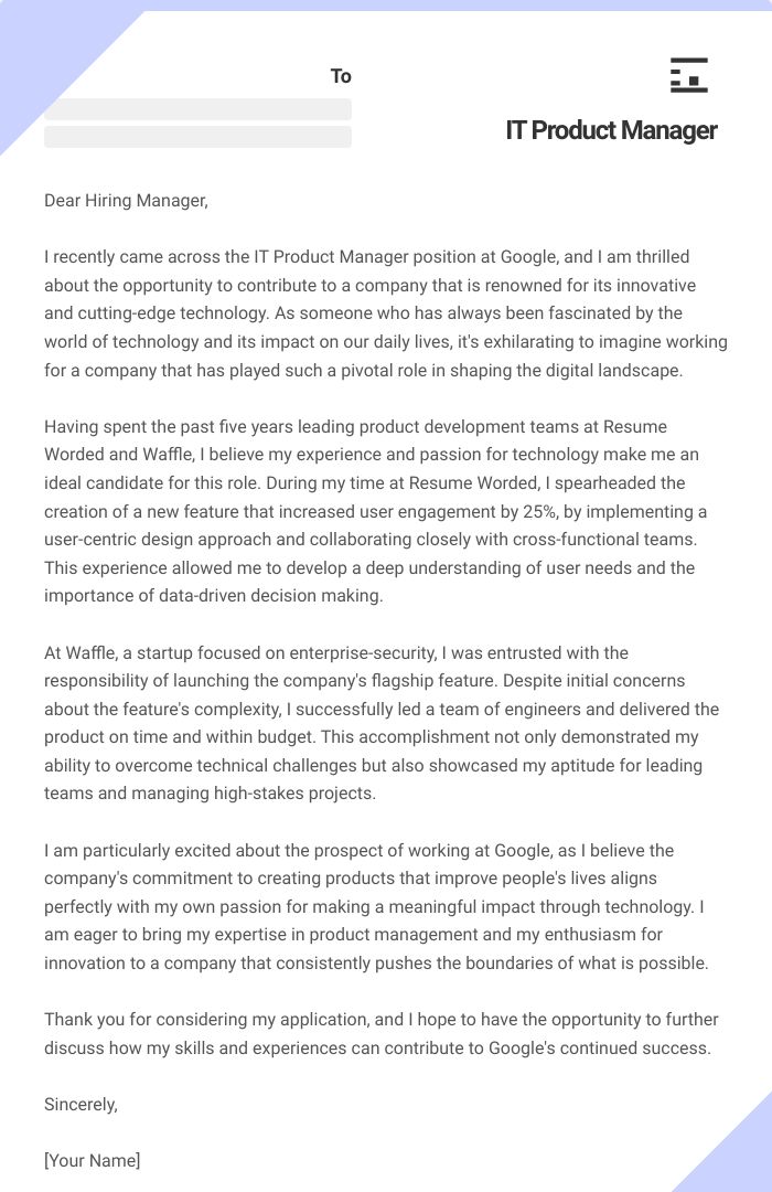 IT Product Manager Cover Letter