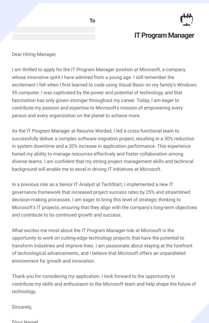 IT Program Manager Cover Letter