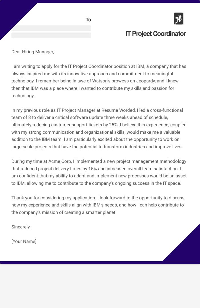 IT Project Coordinator Cover Letter