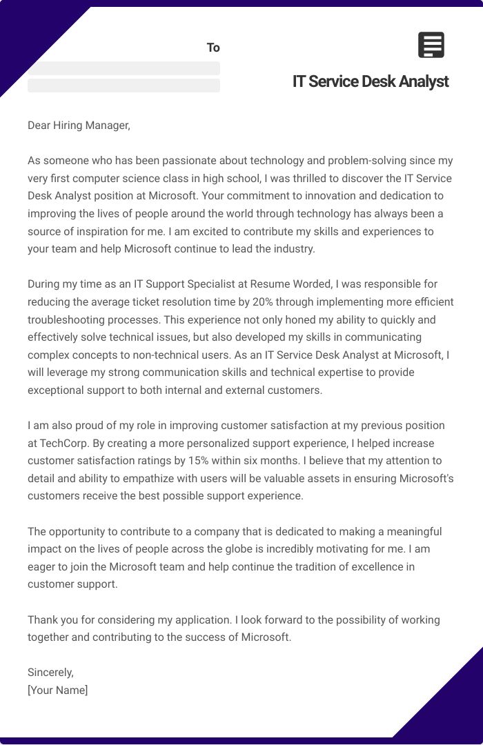 IT Service Desk Analyst Cover Letter
