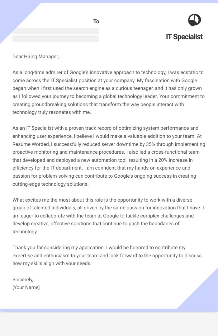 IT Specialist Cover Letter