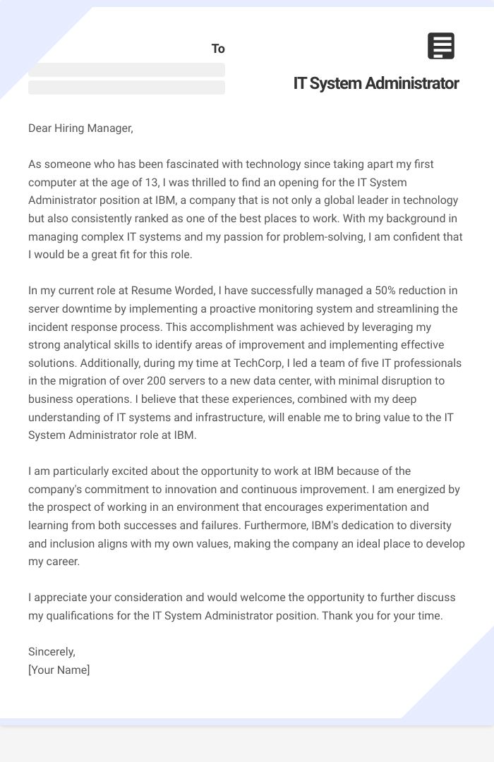 IT System Administrator Cover Letter