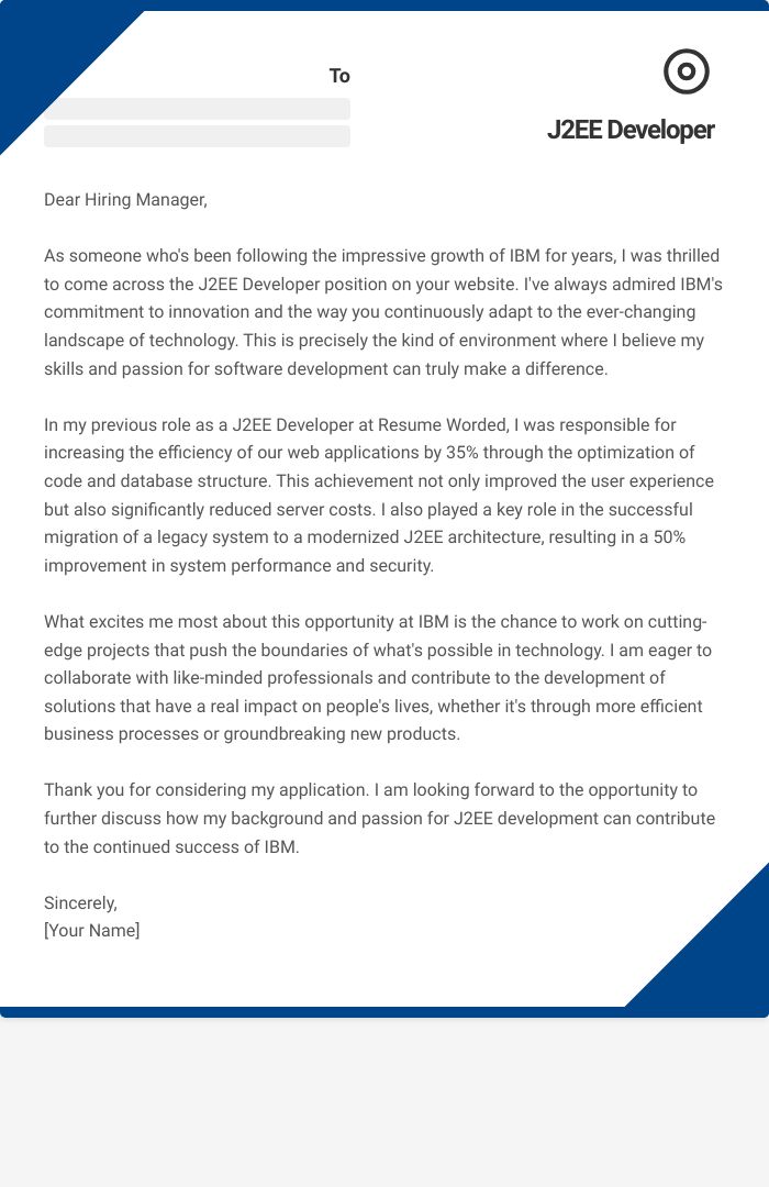 J2EE Developer Cover Letter