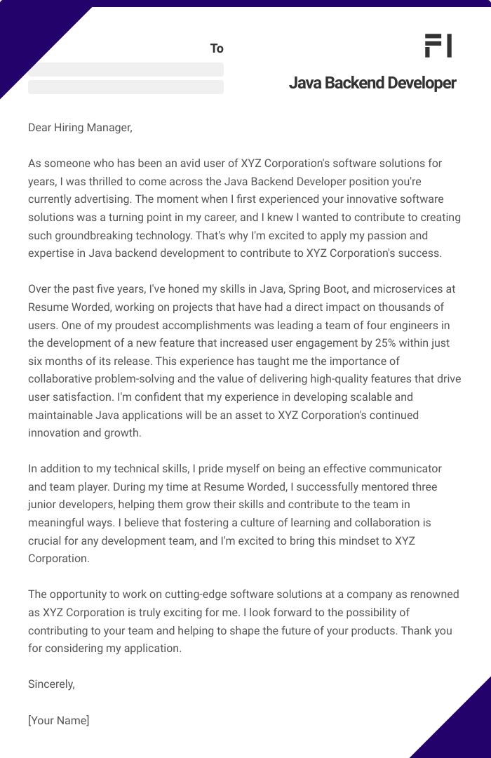 Java Backend Developer Cover Letter