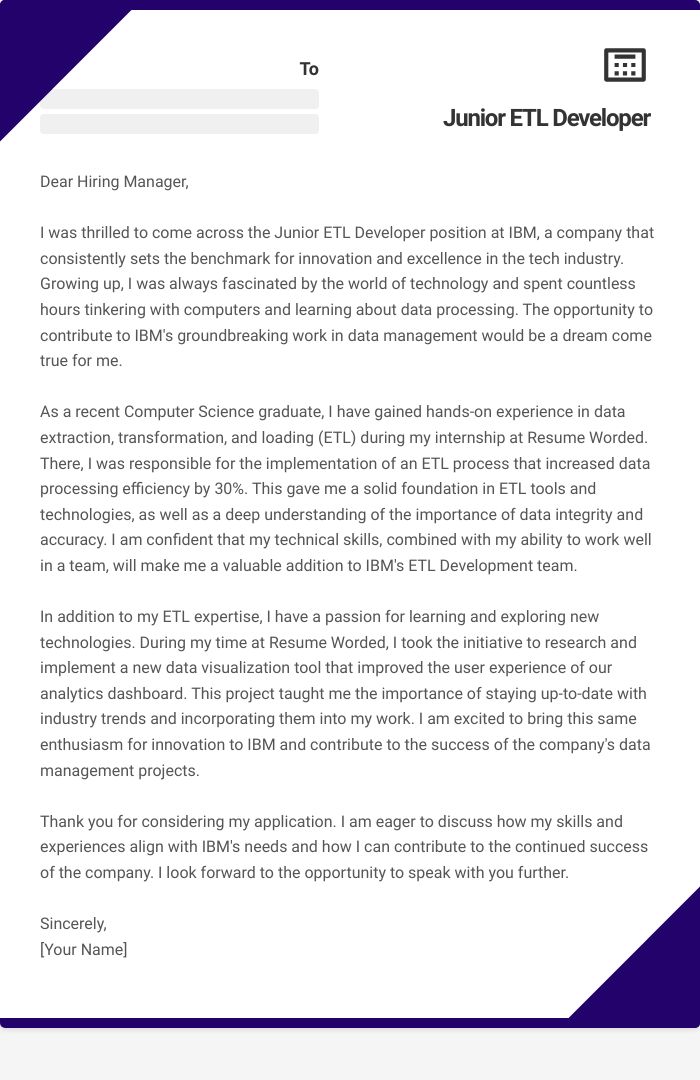 Junior ETL Developer Cover Letter