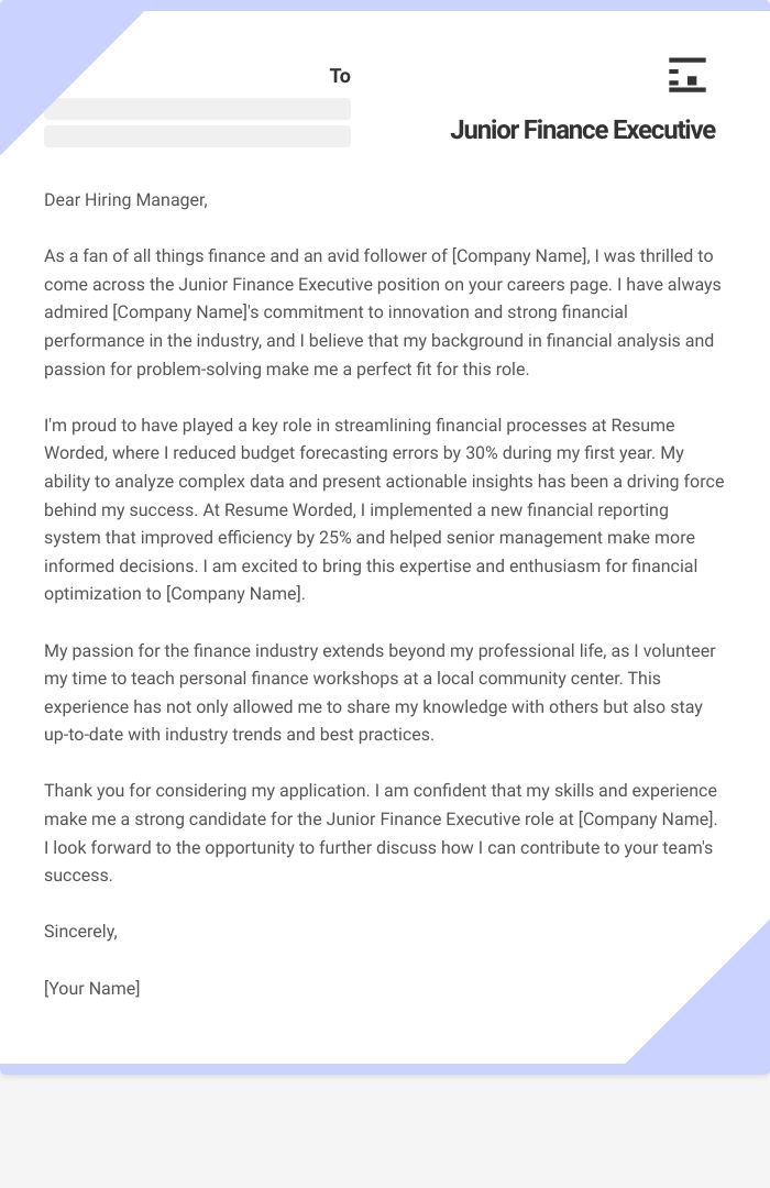 Junior Finance Executive Cover Letter