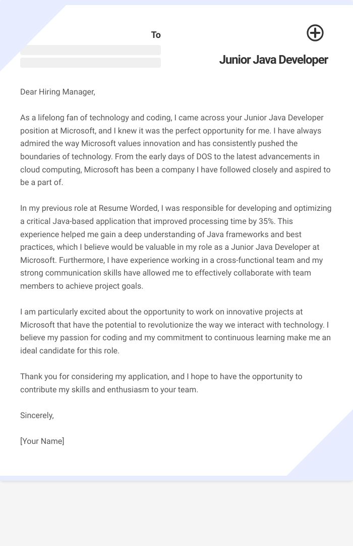 Junior Java Developer Cover Letter