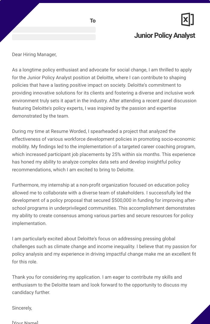 Junior Policy Analyst Cover Letter
