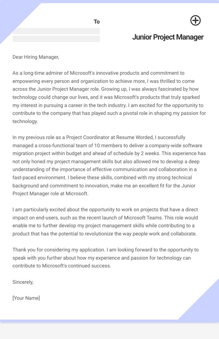 Junior Project Manager Cover Letter