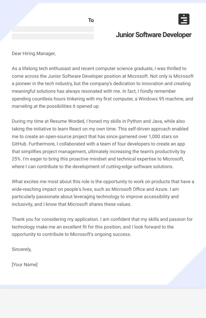 Junior Software Developer Cover Letter